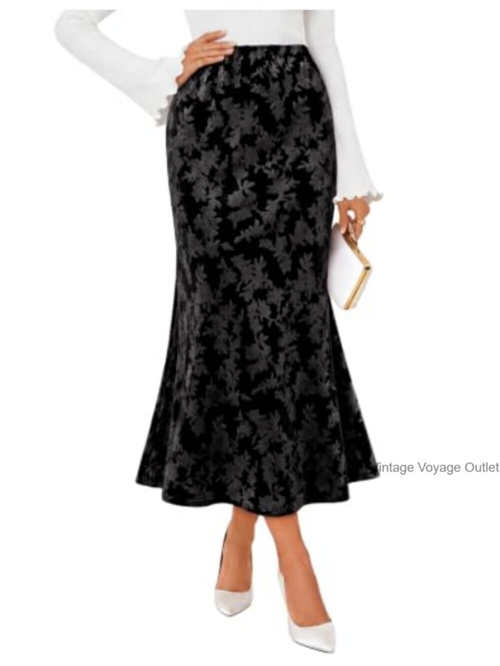 Floral Velvet Maxi Skirt High Waist Mermaid Elastic Waist Fall Women's